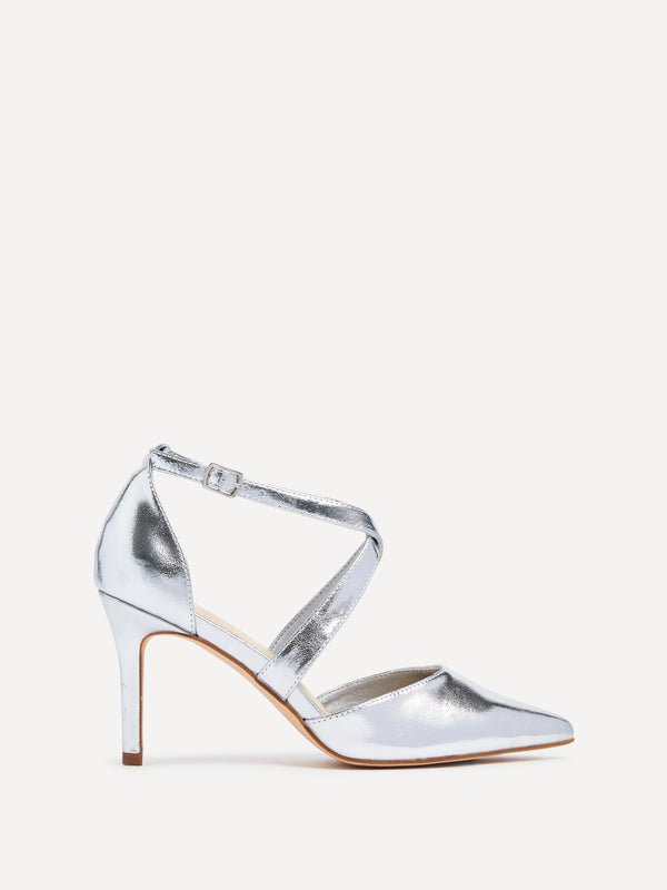 linzi Silver Faux Leather Stiletto Court Heel With Crossover Front Strap
