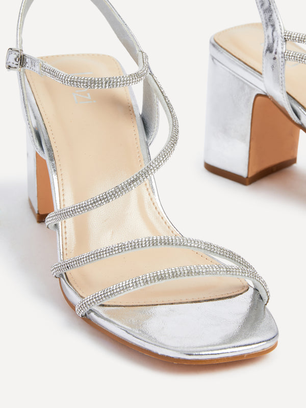 Linzi Silver Faux Leather Strappy Diamante Block Heel
