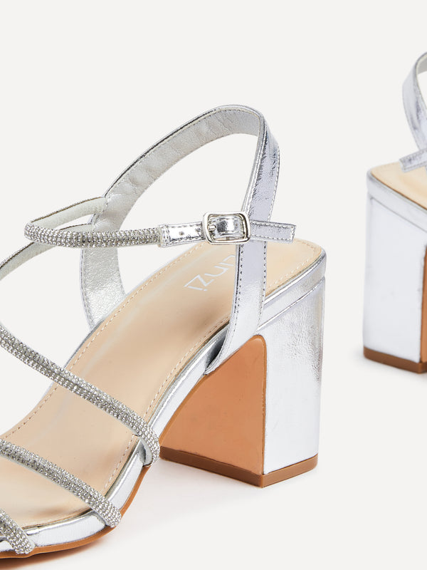 Linzi Silver Faux Leather Strappy Diamante Block Heel