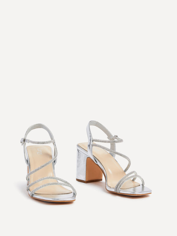 Linzi Silver Faux Leather Strappy Diamante Block Heel