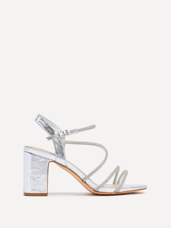 linzi Silver Faux Leather Strappy Diamante Block Heel