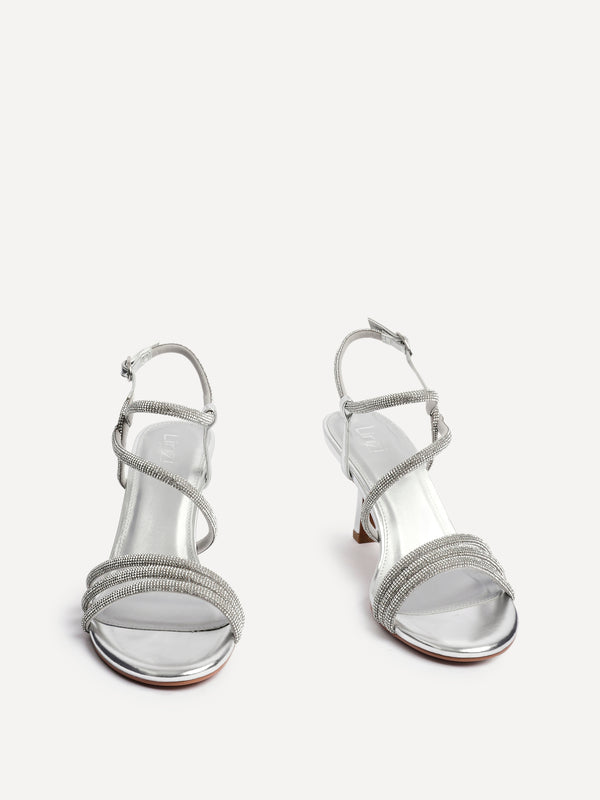 Linzi Silver Faux Leather Strappy Diamante Heeled Sandal