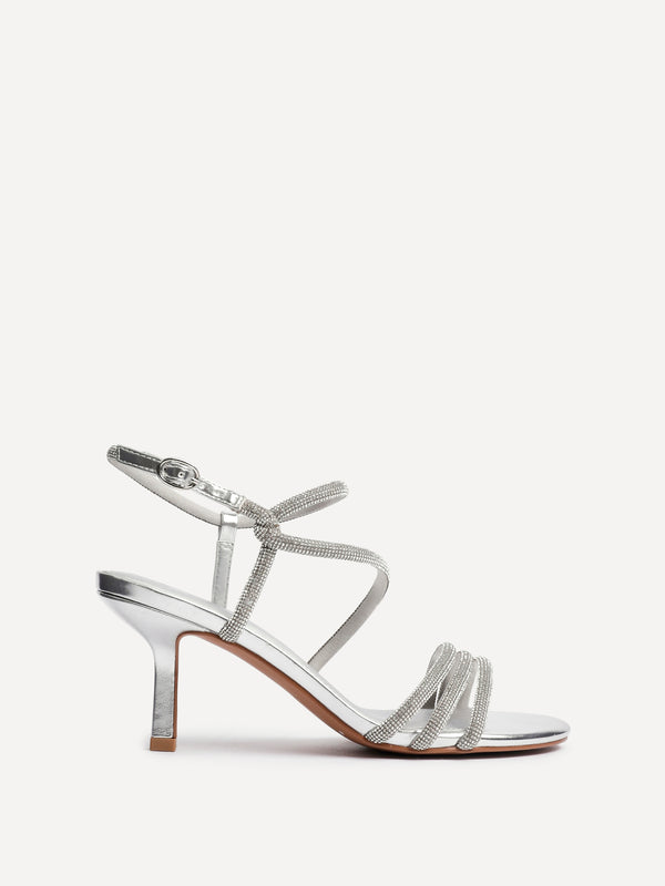 Linzi Silver Faux Leather Strappy Diamante Heeled Sandal