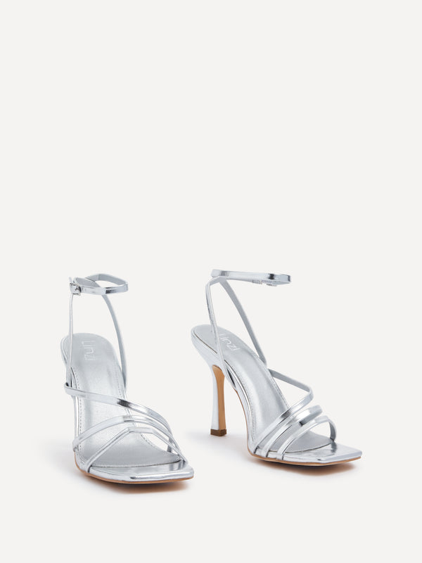 Linzi Silver Faux Leather Strappy Heel Sandal With Ankle Strap