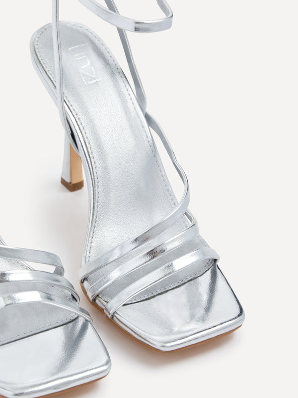 Linzi Silver Faux Leather Strappy Heel Sandal With Ankle Strap