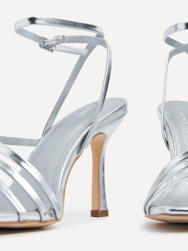 Linzi Silver Faux Leather Strappy Heel Sandal With Ankle Strap