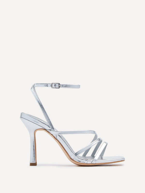 linzi Silver Faux Leather Strappy Heel Sandal With Ankle Strap