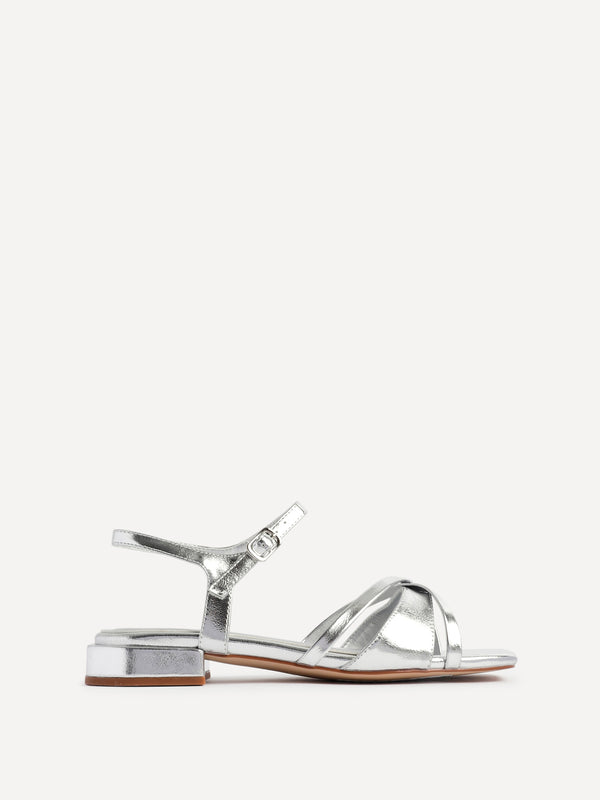 Linzi Silver Faux Leather Strappy Low Block Heeled Sandals