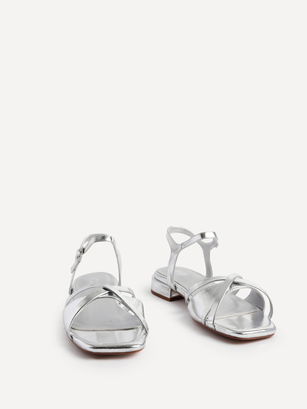 Linzi Silver Faux Leather Strappy Low Block Heeled Sandals
