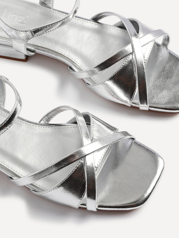 Linzi Silver Faux Leather Strappy Low Block Heeled Sandals