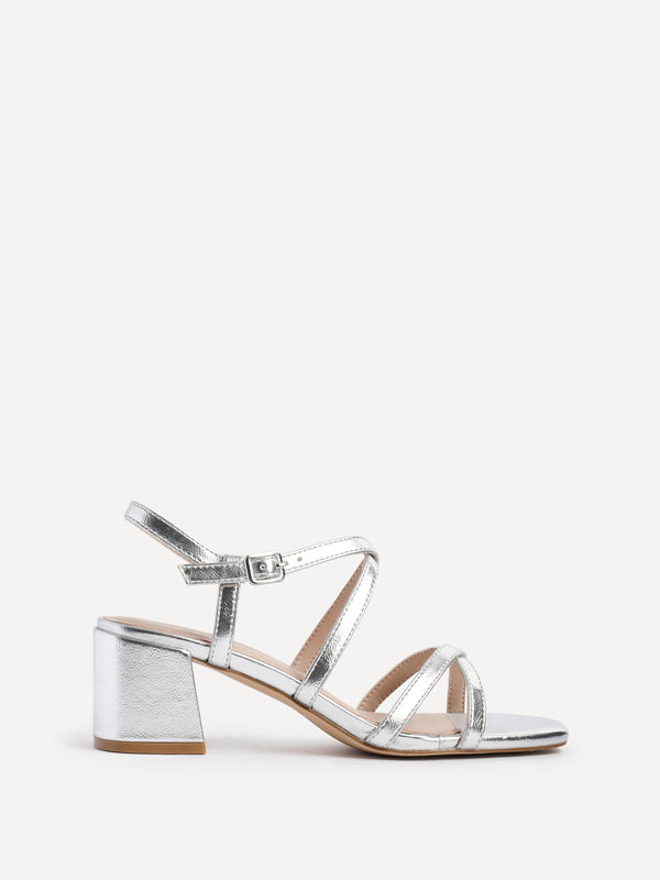 Linzi Silver Faux Leather Strappy Low Block Heeled Sandals