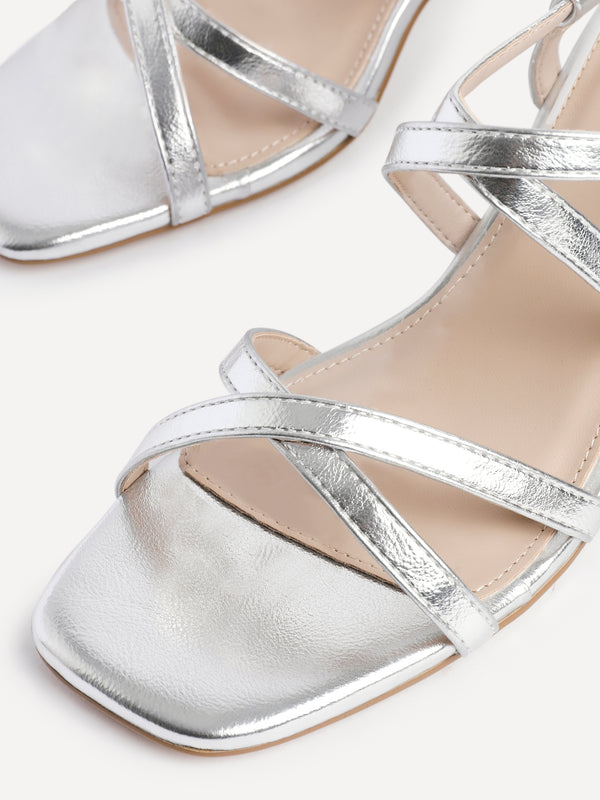 Linzi Silver Faux Leather Strappy Low Block Heeled Sandals