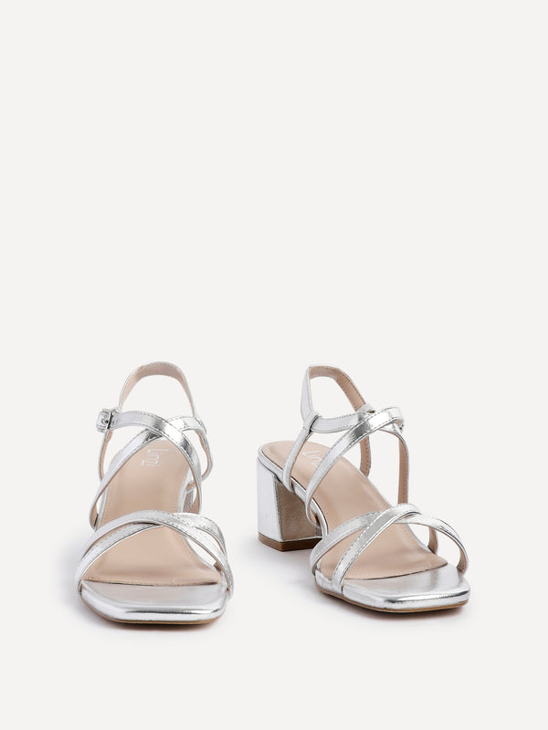 Linzi Silver Faux Leather Strappy Low Block Heeled Sandals