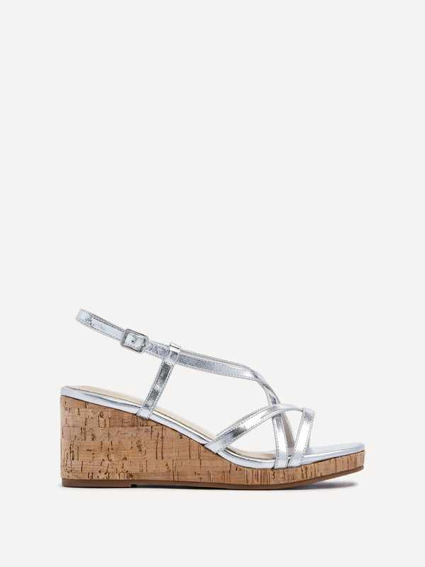 Linzi Silver Faux Leather Strappy Wedge Sandal With Wrap Around Ankle Strap