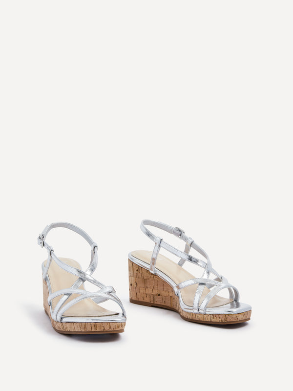Linzi Silver Faux Leather Strappy Wedge Sandal With Wrap Around Ankle Strap