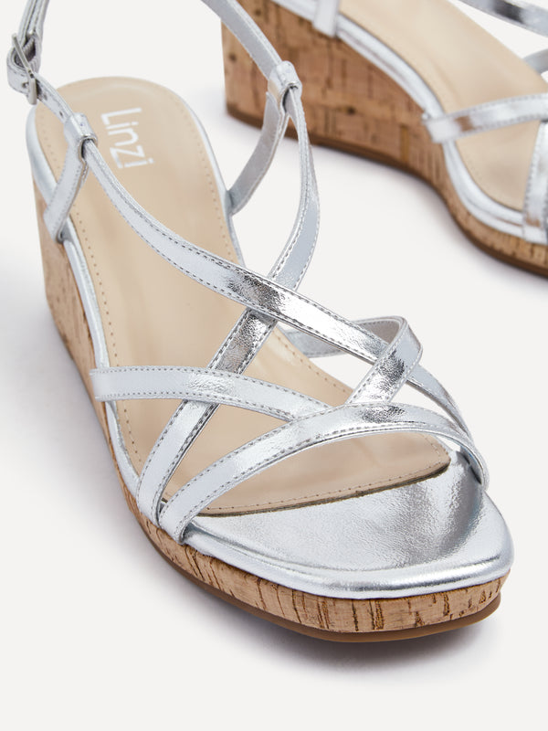 Linzi Silver Faux Leather Strappy Wedge Sandal With Wrap Around Ankle Strap