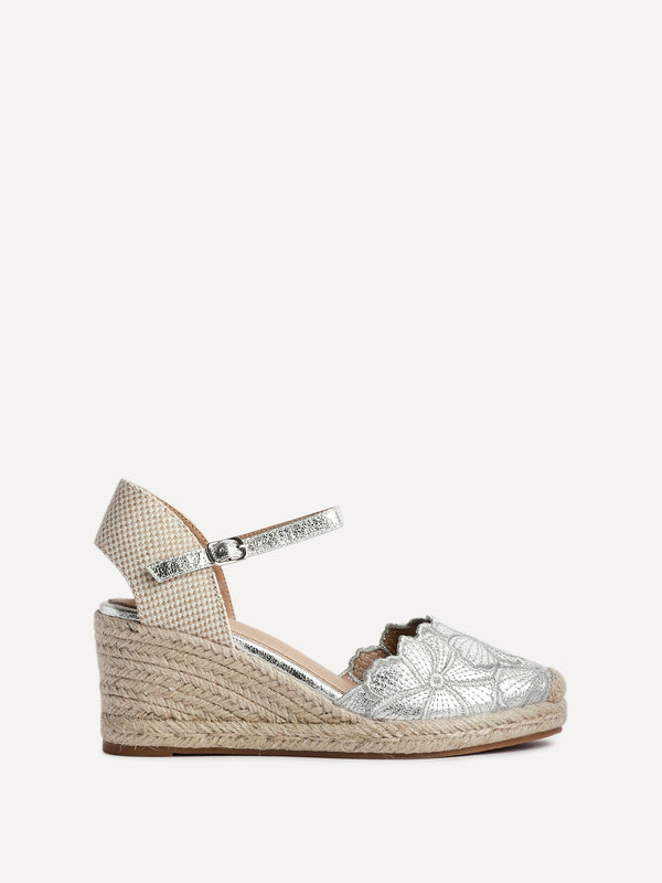 Linzi Silver Floral Embroidered Espadrille Platform Wedge