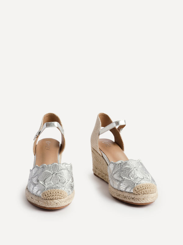 Linzi Silver Floral Embroidered Espadrille Platform Wedge