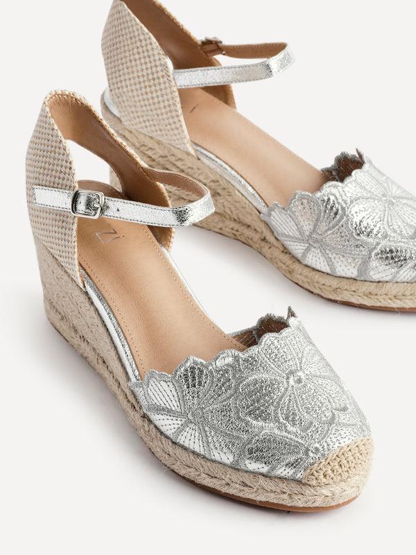 Linzi Silver Floral Embroidered Espadrille Platform Wedge