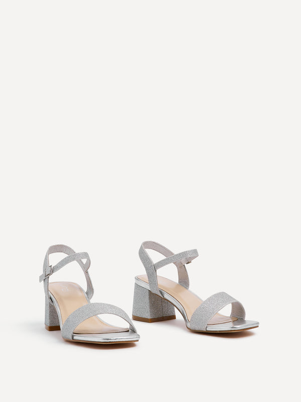 Linzi Silver Glitter Low Chunky Block Heeled Sandal
