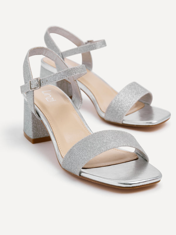 Linzi Silver Glitter Low Chunky Block Heeled Sandal