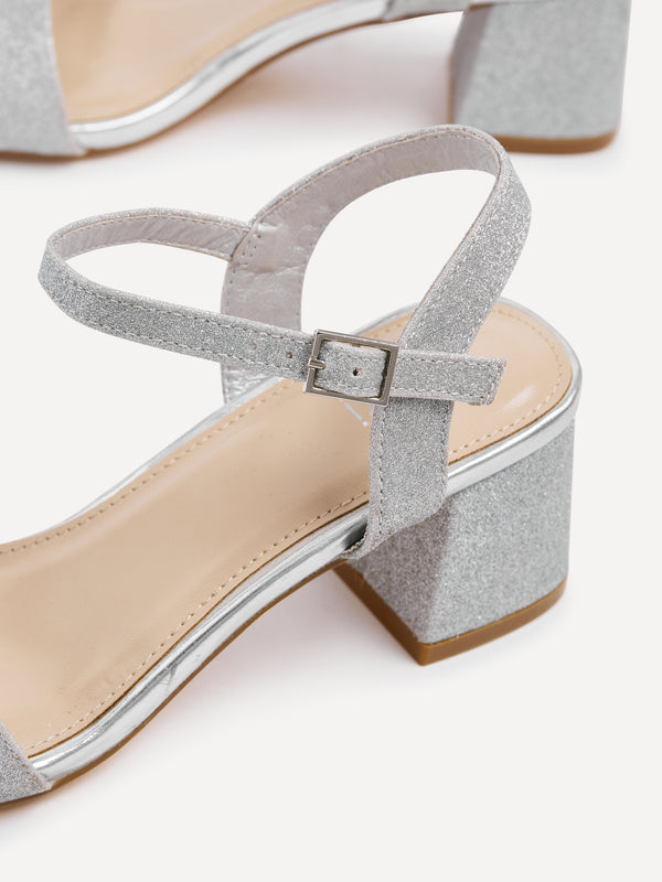 Linzi Silver Glitter Low Chunky Block Heeled Sandal