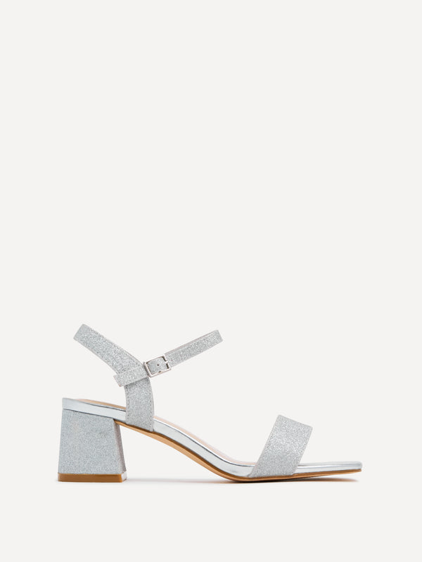 linzi Silver Glitter Low Chunky Block Heeled Sandal