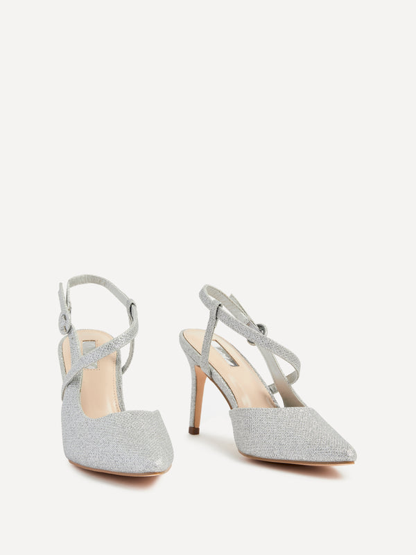 Linzi Silver Glitter Wrap Around Sandal Black Court Heel