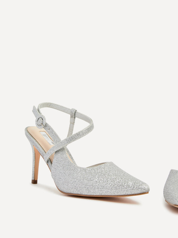 Linzi Silver Glitter Wrap Around Sandal Black Court Heel