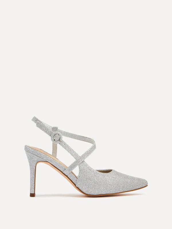 linzi Silver Glitter Wrap Around Sandal Black Court Heel