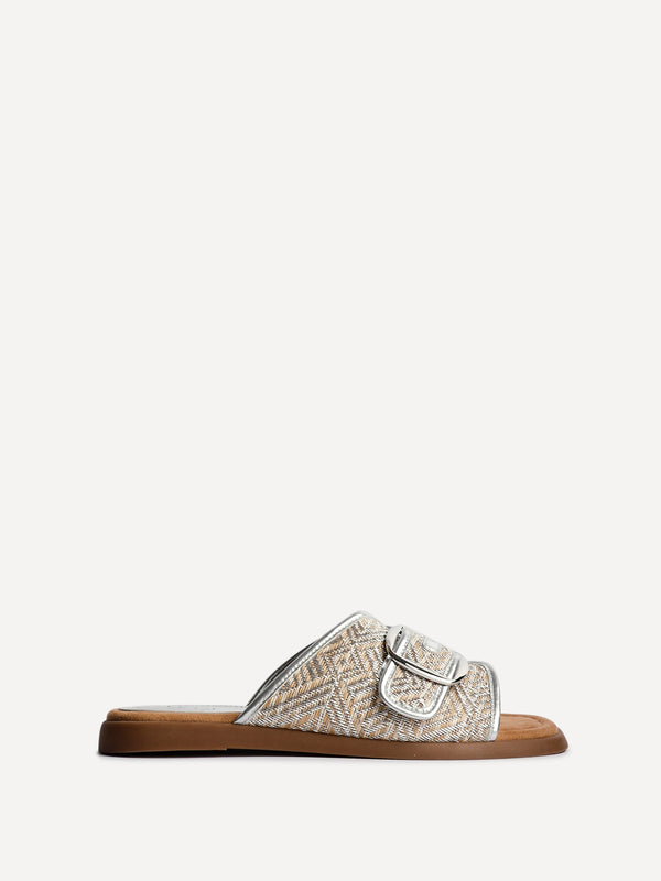 Linzi Silver Woven Flat Slider Sandal With Buckle Strap