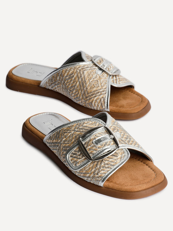 Linzi Silver Woven Flat Slider Sandal With Buckle Strap