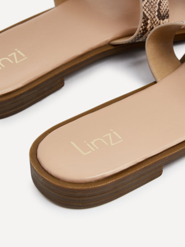 Linzi Snake Print Faux Leather Flat Sandal With Gold Embellished Detail