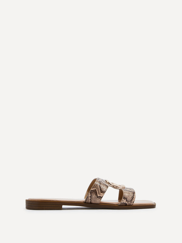 Linzi Snake Print Faux Leather Flat Sandal With Gold Embellished Detail