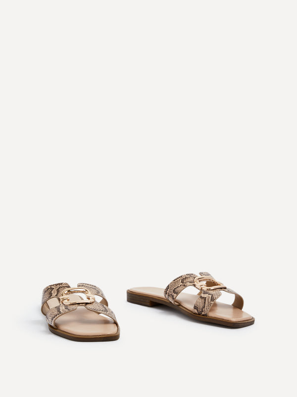 Linzi Snake Print Faux Leather Flat Sandal With Gold Embellished Detail