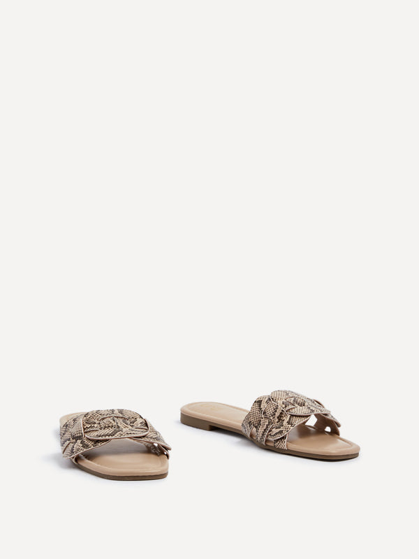 Linzi Snake Print Faux Leather Sliders With Linked Design Front Strap