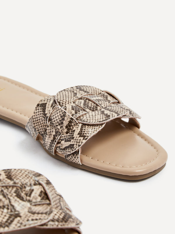 Linzi Snake Print Faux Leather Sliders With Linked Design Front Strap