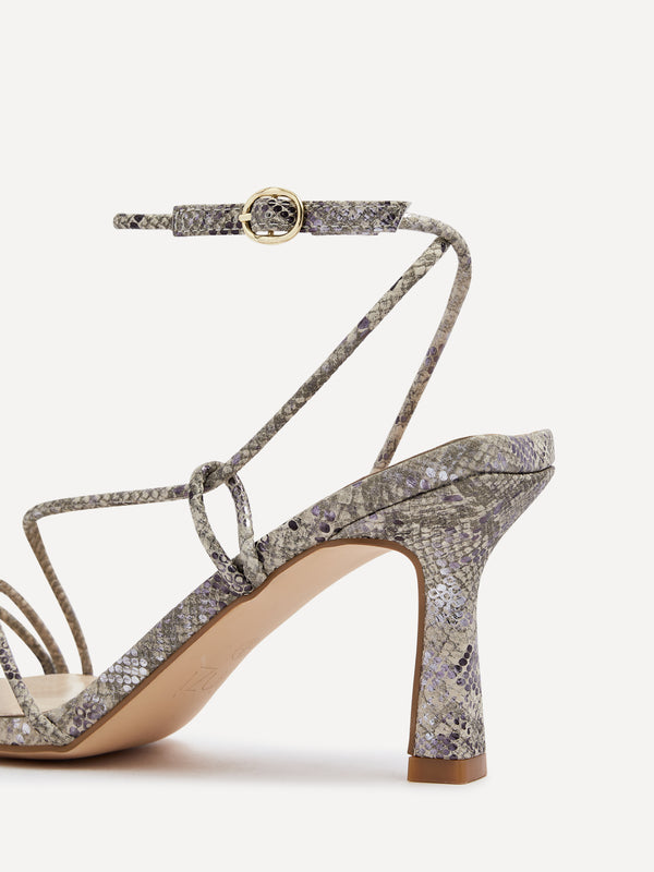 Linzi Snake Print Faux Leather Strappy Wrap Around Heeled Sandal