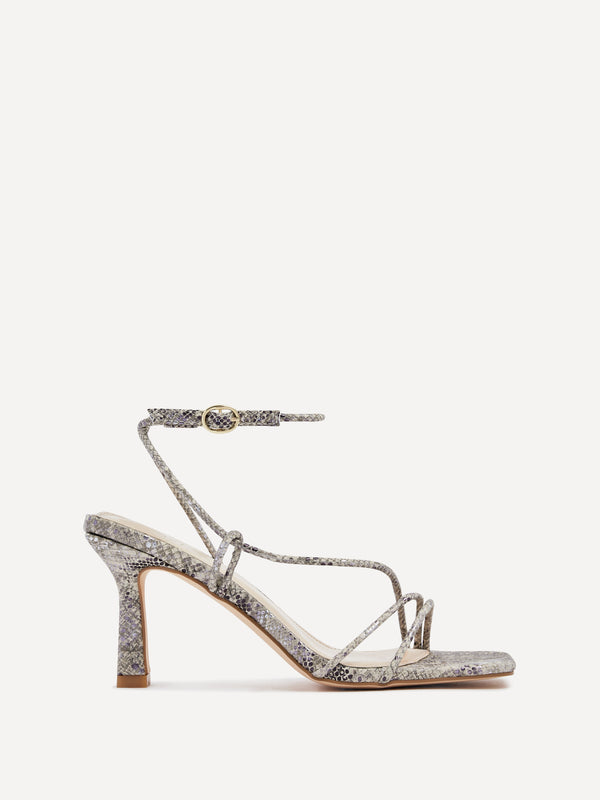 Linzi Snake Print Faux Leather Strappy Wrap Around Heeled Sandal