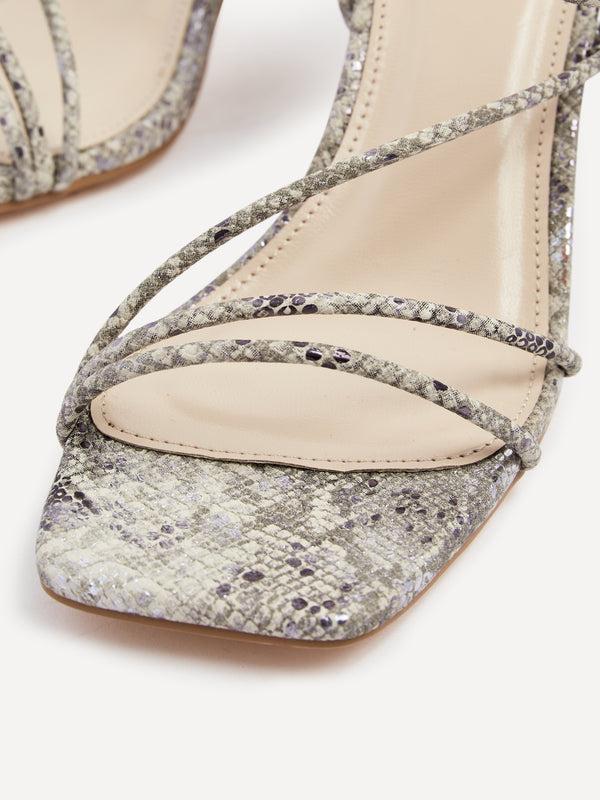 Linzi Snake Print Faux Leather Strappy Wrap Around Heeled Sandal