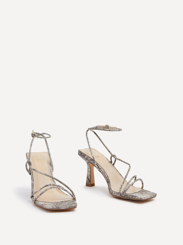 Linzi Snake Print Faux Leather Strappy Wrap Around Heeled Sandal