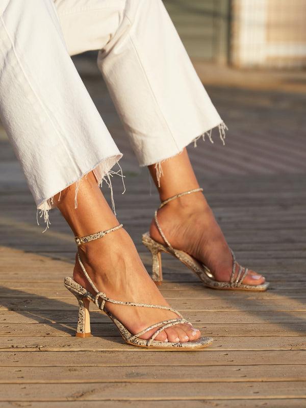 linzi Snake Print Faux Leather Strappy Wrap Around Heeled Sandal