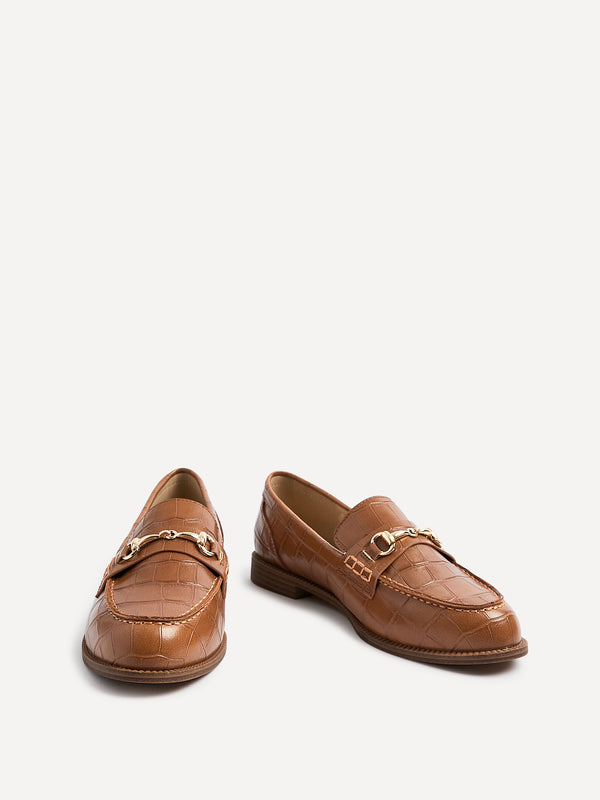 Linzi Tan Faux Croc Patent Leather Loafer With Buckle Detail