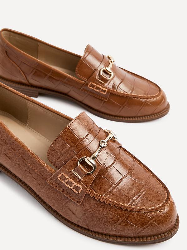 Linzi Tan Faux Croc Patent Leather Loafer With Buckle Detail