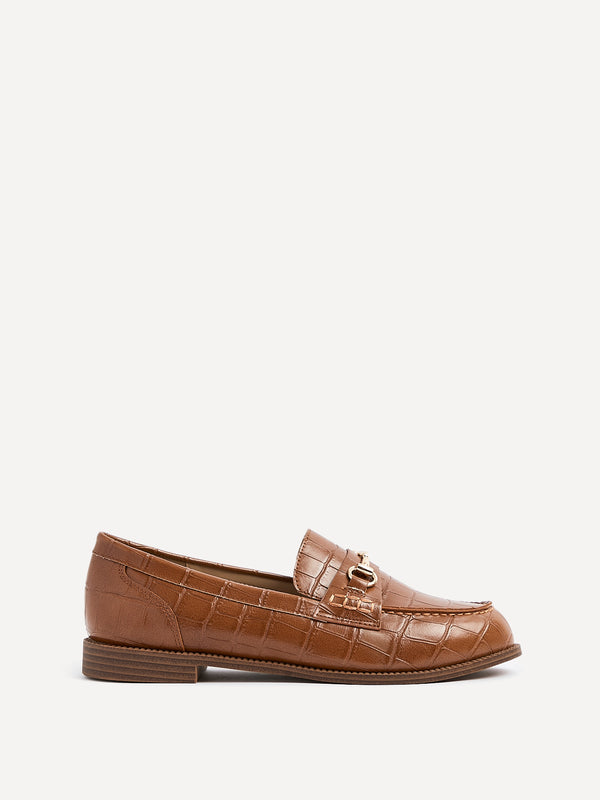 Linzi Tan Faux Croc Patent Leather Loafer With Buckle Detail