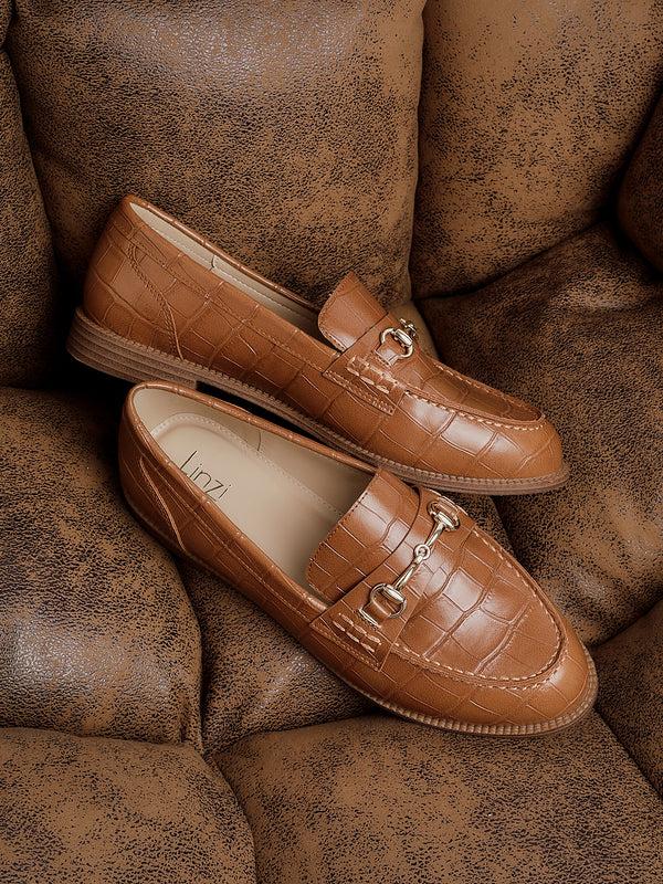 linzi Tan Faux Croc Patent Leather Loafer With Buckle Detail