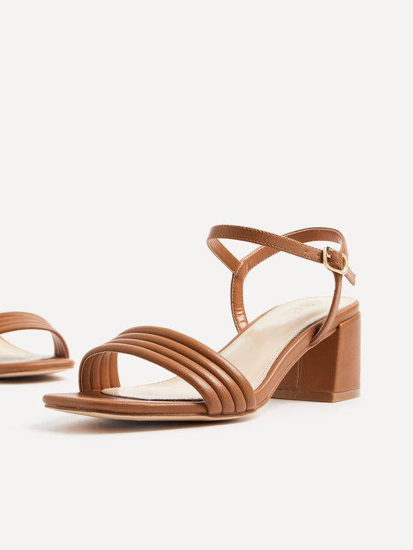 Linzi Tan Faux Leather Block Heeled Sandal With Ribbed Front Strap