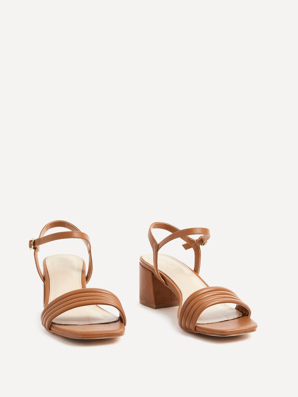 Linzi Tan Faux Leather Block Heeled Sandal With Ribbed Front Strap