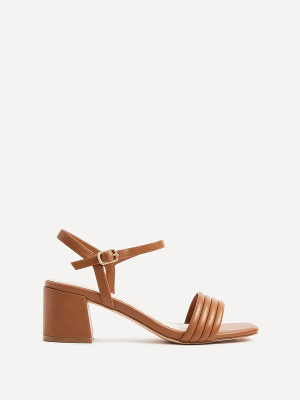 linzi Tan Faux Leather Block Heeled Sandal With Ribbed Front Strap