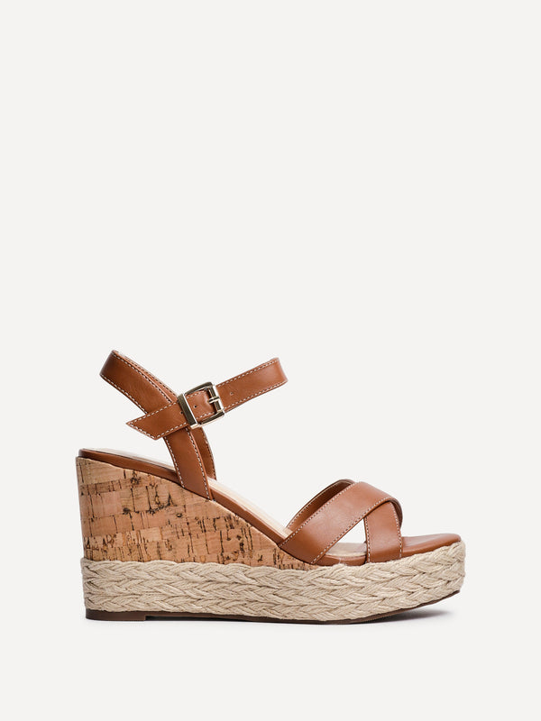 Linzi Tan Faux Leather Crossover Cork Wedge With Rope Detailing